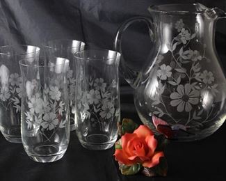Vintage Floral Etched Crystal Iced Lip Pitcher and 4 Tumblers Shown with Y.H. (Yong Hong) Porcelain Rose with Butterfly