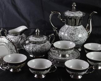 Bavaria Platinum Porcelain Tea Set: Teapot, Sugar w/Lid, Creamer, Set of 6 Demitasse Cup and Saucers