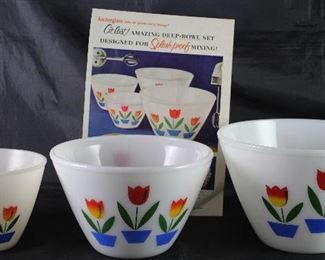 Fire King “Tulip” Milk Glass Mixing Bowls Shown with an Original Good House Keeping Magazine Ad