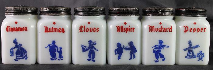 Hazel Atlas Vintage 1940’s “Holland” Pattern Spice Jars (3”H x 2” Sq) Set of 6