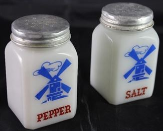 Hazel Atlas Vintage 1940’s “Windmill” Milk Glass Salt and Pepper Shakers (3”H x 2” Sq)