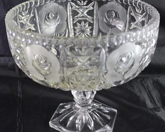 Large Hand Cut Crystal Compote With Etched Roses (7 1/4”D x 8 1/2”D)