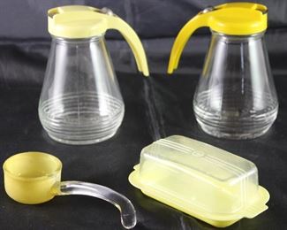Vintage Yellow Lid Glass Syrup Pitcher (2 ea.), Frosted Yellow Glass Marmalade/Sauce Ladle and Burroughs Mfg. Corp. Plastic Butter Dish