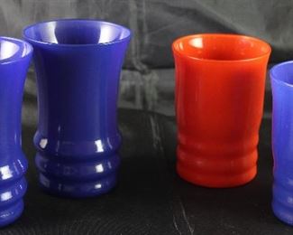 Mid-Century Cobalt Blue & Red Orange Glass Juice Tumblers