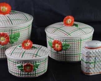 Made in Japan Hand Painted Orange and Green Plaid 3 pcs Jar Canister w/Orange Flower Finial Handle and Matching Salt & Pepper Shakers