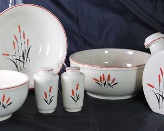 Universal Pottery Depression Era “Cattails” Vegetable Serving Bowl, 9” & 7 1/2” Mixing Bowls, Salt & Pepper Shakers and Canteen Jug w/Stopper