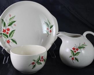 Universal Pottery Depression Era “Woodvine” 13” Round Tabbed Handle Chop Plate, 6 1/2” Mixing Bowl and Ice Lipped Ball Pitcher