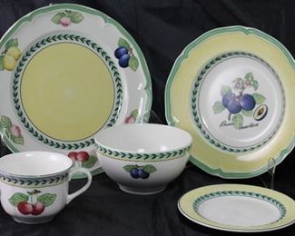 Villeroy & Boch “French Garden Fleurence”: Dinner Plate (8), Rimmed Soup (8), Flat Cup, Coupe Cereal Bowl (5), and B&B Plates(9)