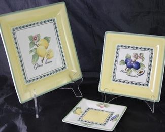 Villeroy & Boch “French Garden Fleurence”: Square 10.5” Plate (1 ea), Square 8” Salad Plates (9 ea.) and Square 6” Dessert/B&B Plates (8 ea.)