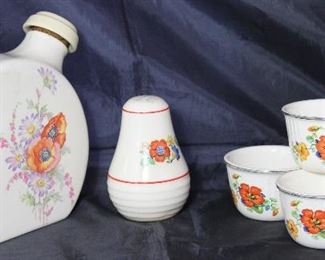 Universal Pottery Depression Era: “Poppy” Water Jug, “Kitchen Bouquet” Shaker and “Nasturtiums” Custard Cups (5 ea.)