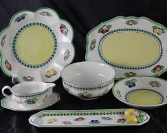 Villeroy & Boch “French Garden Fleurence”: Scalloped Serving Bowl (12.5”), Oval Platter 14”, Round Serving Bowl (2 ea,), Gravy Boat with Attached Under-plate, Round 9” Serving Bowl and Embossed Rectangular 16” Tray