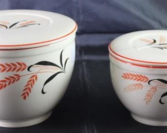 Universal Pottery Depression Era “Wheat”: Large and Small Covered Refrigerator Storage with Lid