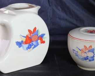 Universal Pottery Depression Era “Calico Fruit” Covered Refrigerator Bowl and Pitcher