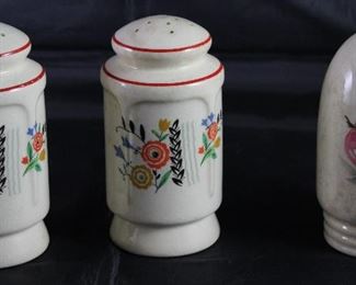 Universal Pottery Depression Era: Floral Garden Shaker Set and Fruits Single Shaker