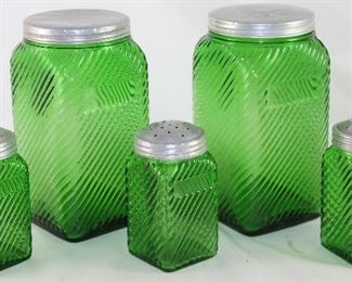 Owens-Illinois Glass Co. Depression Era Forest Green Diagonal Pattern Square Jar Quart Canisters and 3 Spice Jars with Aluminum Lids