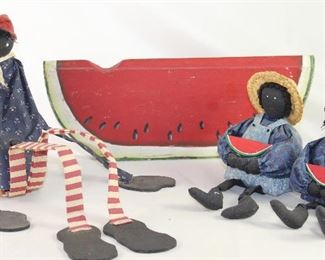 Black Americana Hand Crafted Collection: Wood & Cloth Daddy Long Leg Shelf Sitter Doll, Hand Painted Wooden Watermelon and Boy & Girl Bean Bag Dolls