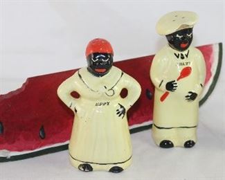 Vintage Mammie “Peppy” & Pappy “Salty” Shakers Shown with Wooden Hand Painted Watermelon