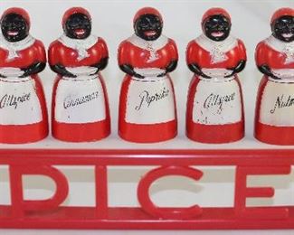F & F Mold and Die Works Vintage Aunt Jemima Spice Bottles and Vintage Red Plastic Spice Rack