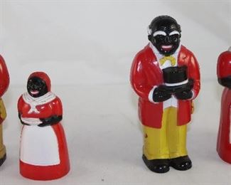 F & F Mold and Die Works Vintage Plastic Shakers: Large Uncle Mose and Small Aunt Jemima and a Large Set of Uncle Mose & Aunt Jemima