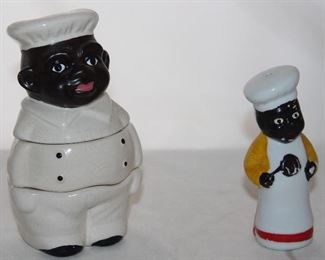 McCoy Vintage Black Americana stacking Salt, Pepper & Sugar Shown with a Vintage Black Chef Pie Bird
