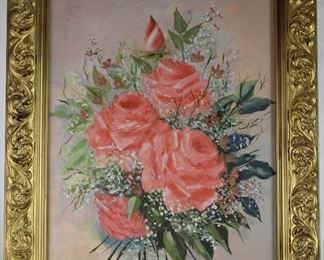 Pink Roses Bouquet Original Oil on Canvas Signed Karisch (16”x20”) Framed in a 2 1/2” Ornate Gold Frame