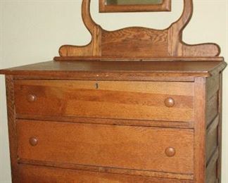 Antique Oak 3-Drawer Dresser with Mirror Attached with Harp Frame. Chest 33.5”W x 18.5”D x 35”H