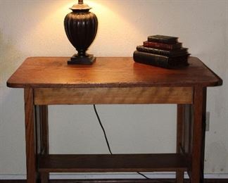 Antique Mission Oak Library Table/Desk (29.5”H x 36”W x 24”D). Also so Shown with Urn Style Table Lamp and Staked Books Box