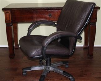 Vintage Mahogany Bureau Platte Desk a Single Center Drawer (55”W x 21.D “ x 32”H) Shown with True and Associated Dark Brown Faux Leather Excutive Desk Chair