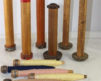 Collection of Large Antique Wooden Spools and Wooden Spindles Complete with Thread