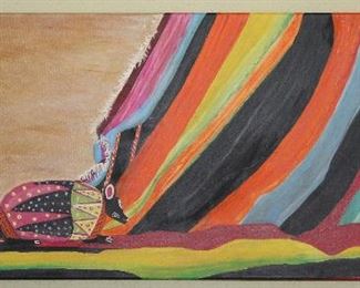 Betty Bennett Zapotec Art Oil on Canvas “ Muli Color Shawl and Alebrije Armadillo” (40” W x 16”H)
