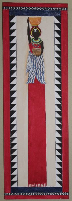 Betty Bennett Zapotec Art Original “Woman Holding Pot on and in Hand” Oil on Canvas (12” W x 36”L)