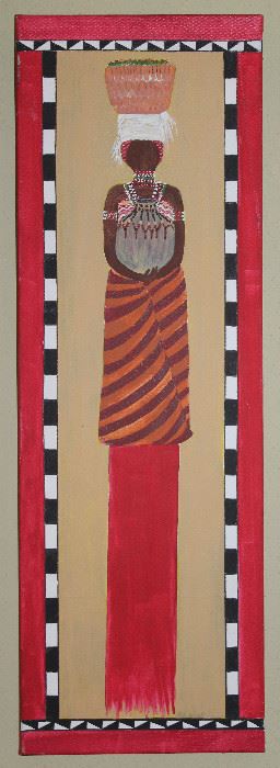 Betty Bennett Zapotec Art Original “Woman with Gray Water Jug” Oil on Canvas (12” Wx 36”)