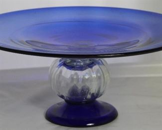 Cobalt Blue Shallow Bowl on Swirl Ball Pedestal Base (12”D x 5.5”H)