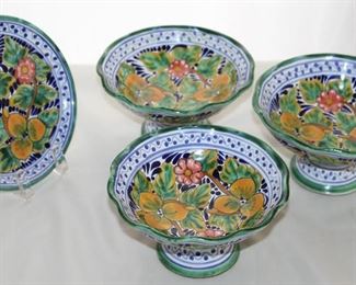 Del Carmen Puebla, Mexico Talavera Hand Painted Small Pedestal Bowl (5”D x 3”H) 3 ea. and Small Plate (6.25” )