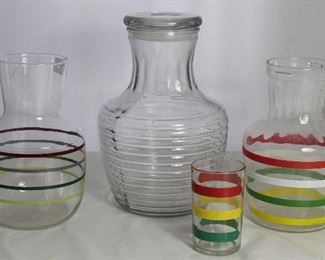 Vintage Juice/Water Jugs Collections: Maroon& Green Thin Multi Stripe Jug, Anchor Hocking Clear Ringed Jug w/Lid and Anchoring Multi Stripe Primary Color Jug and Juice Glass