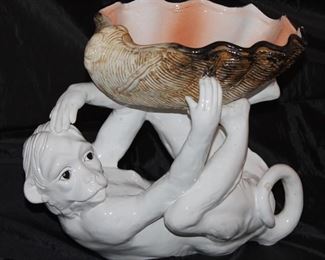Italy Decorated By Royal Majolica Large Monkey Pedestal Shell Centerpiece Bowl (11”H x 15”L x 11”W)