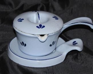 Vintage Dru Holland Blue Enameled Cast Iron Butter Melt Cast Akron Pot with Trivet