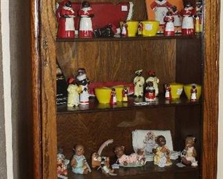 Antique Oak 5 Shelf Glass Door Front Cabinet (58 “Hx 30”W x 13”D) with Vintage Black Americana.