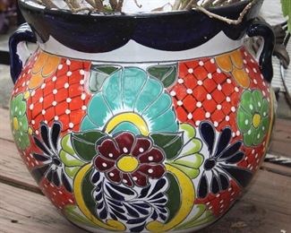 Closeup view of pot: Talavera Pottery Hand Painted Mexico Large Planter With Hibiscus (13”H x 13.3”W)