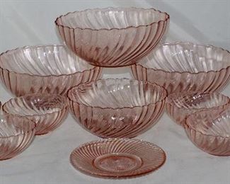 Arcoroc France Pink Swirl Bowl Collection: Large 9” Salad/Berry Bowl(3 ea.), Medium 7 1/4” Vegetable Serving Bowl and Individual Salad/Berry Bowls (6 ea.)