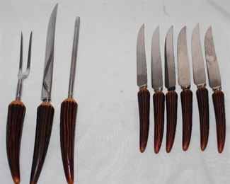 Crown Crest Sheffield England Stainless Blades with Faux Stag Handles: 3 piece Carving Set and 6 Steak Knives