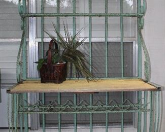 Vintage Green Paint Metal Bakers Rack with Scroll Front Feet: Upper Wire Metal Shelves over Wood Working Surface above Wine Rack and Lower Wire Metal Shelf. (78.5”H @ Back x 38”W x 21.5”D x 30”H @Work surface)