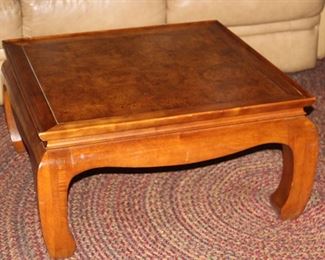 Vintage Oriental Style Square Walnut Coffee Table with Burl Veneer Top