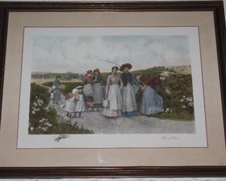 "The Berry Pickers" by Jennie Brownscombe Colored Aquatint Etching James S. King Matted and Framed (44.5” x34.5”)