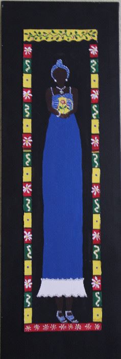 Betty Bennett Zapotec Art Original “Woman in Blue Dress w/Yellow Pitcher” Acrylic on Paper (7.5”W x 30”L) Mounted on Canvas (12” x 36”)