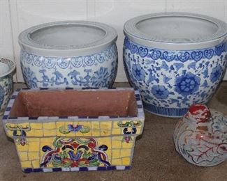 Various Japanese Koi Bowls: Blue and White (10.5”H x 14”W) & (12”H x 14.5”W) , Blue and White Pink Floral Planter (7.5”H x 9”W), Brown Glaze with Underplate (6”H x 8”W), Hand Painted Mosaic Planter (15”L x 8.5”W x 7.5”H) and Ceramic Pot Belly Sparrow (16”L x 7.5”H)