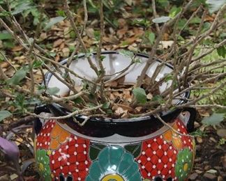 Talavera Pottery Hand Painted Mexico Large Planter With Hibiscus (13”H x 13.3”W)
