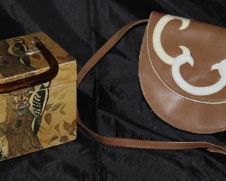 Vintage Decoupaged Wooden Lunchbox Purse and Vintage Rayne Leather Taupe with White Appliqué Purse