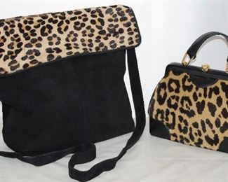Gino Black Suede with Stamped Pony Hair Fold-over Flaps and Snap Closure Vintage Black Leather With Leopard Trim Handbag