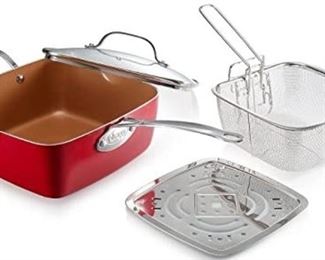Gotham Steel Red Titanium Ceramic 9.15" Non-Stick Copper Deep Square Frying Pan with Lid, Frying Basket, Streamer Tray (4 piece set)